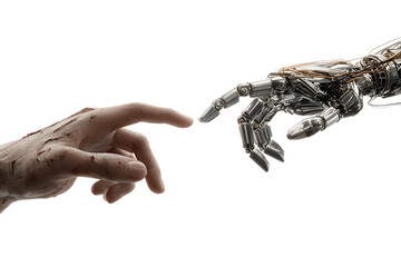 Fototapeta premium Human hand reaching towards a robotic hand. AI, technology, future concept.