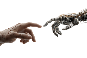 Human hand reaching towards a robotic hand.  AI, technology, future concept.