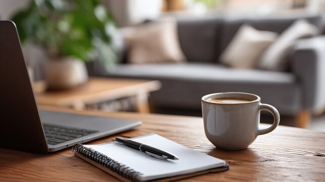 Un ordinateur portable, un bloc note et une tasse de caf&eacute; &agrave; la maison pour du t&eacute;l&eacute;travail ou du flex office