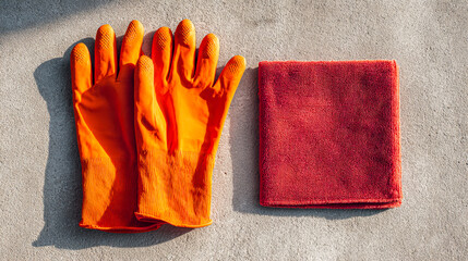 Bright orange gardening gloves and a red cloth on a concrete surface