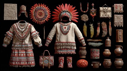 Aztec mayan tribal clothing artifacts headdress pottery feathers ancient culture traditional apparel collection on transparent background