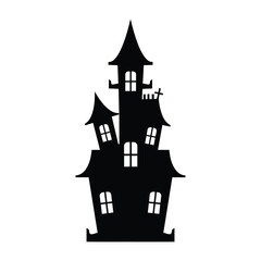 A spooky silhouette of a haunted house with multiple windows isolated on white background