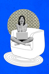 Poster image sketch vertical collage of happy girl stand indoor armchair flower pot freelancer...