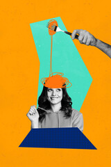 Vertical art photo image collage of happy girl guy hand hold fork macaroni spaghetti lie fake...