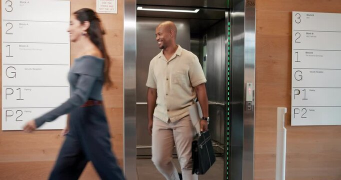 Business, people and exit elevator in office for work arrival, enter building and company floor. Professional, employees and walking from lift in morning for leaving meeting, appointment and greeting