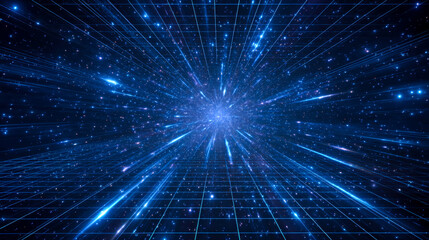 Naklejka premium Futuristic digital space scene with glowing stars and grid lines creating a sense of cosmic expansion