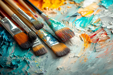 Fototapeta premium Five paintbrushes on a palette with oil paint