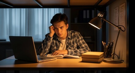 Pensive student studies late at night under warm lamp light, looking tired and thoughtful