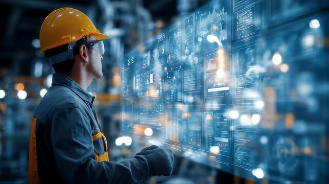 An industrious engineer in a safety helmet examines extensive information on a large display highlighting the intersection of engineering expertise and industrial workflow against a