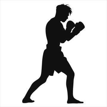 A silhouetted boxer in fighting stance showcases the power and discipline of combat sports on a clean background