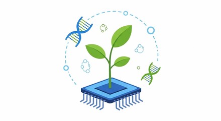Plant Growing from a Computer Chip with DNA and Molecule Graphics