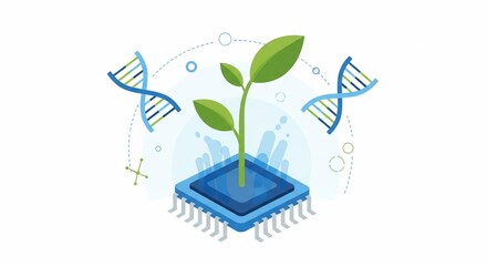 Plant growing from a computer chip with DNA strands and molecular structures