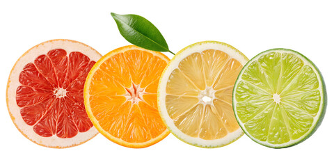 Fototapeta premium Fresh Citrus Fruit Wheel Slices PNG Set: Grapefruit, Orange, Lemon, Lime for Drink Garnish