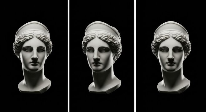 A triptych of a classical goddess bust with dramatic lighting, showing three views of the serene face on a black background.