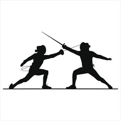 Two fencers engage in a dynamic duel, their silhouettes highlighting the intensity and skill of the fencing match