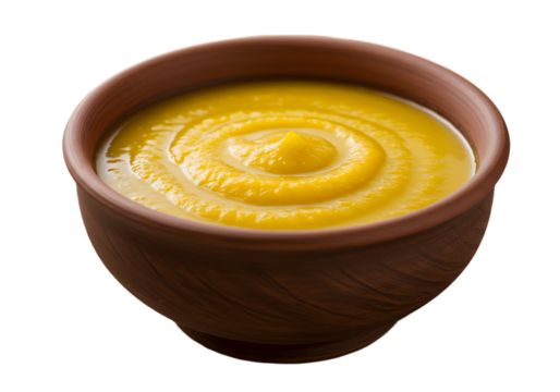 A bowl of yellow creamy soup on a dark background
