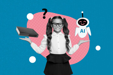 Full 3d art trend collage of two happy schoolgirl show book gpt robot comparison back to school...
