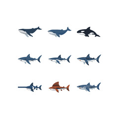Fototapeta premium Marine Life Collection Whales and Sharks in Flat Illustration Style
