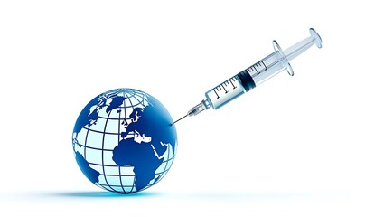 A blue globe being injected with a clear syringe on a white background in a studio shot view