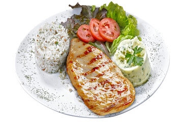 Beef steak with potatoes and rice in isolated white background