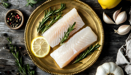 Pollock sea fish fillets, raw whitefish on a plate with herbs and lemon. wooden background. top view