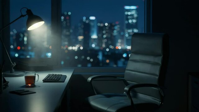 Empty office chair at night with city lights outside the window, cozy desktop with tea and lamp, concept of overtime work, solitude, or corporate dedication in modern urban environment