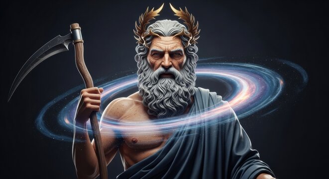 A powerful depiction of the Greek god Cronus or Hades, representing Time or the Underworld, holding a scythe with a cosmic galaxy swirling around him.