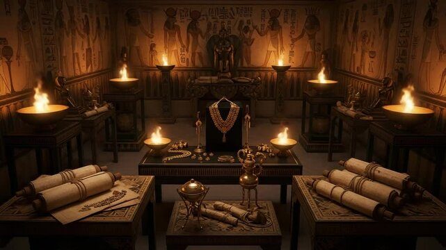  Ancient Egyptian tomb chamber filled with golden treasures, jewelry, scrolls, and flickering torches, evoking historical mystery and wealth