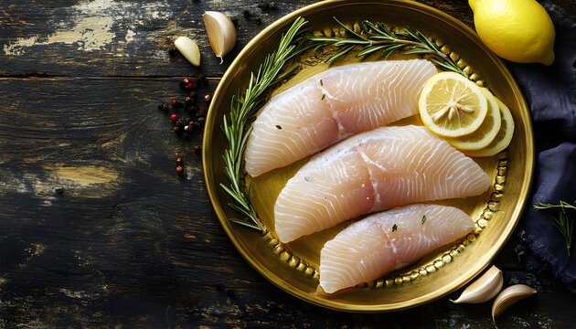 Pollock sea fish fillets, raw whitefish on a plate with herbs and lemon. wooden background. top view