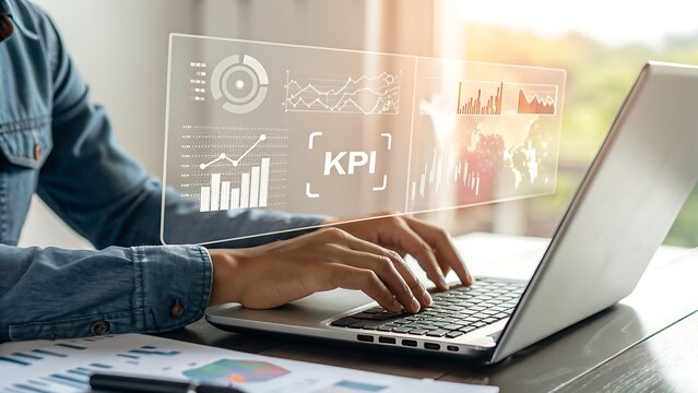 Photo of a persons hands hover over a laptop displaying key performance indicators and business analytics