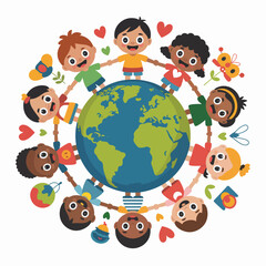 Children Holding Hands Around Earth Globe Illustration