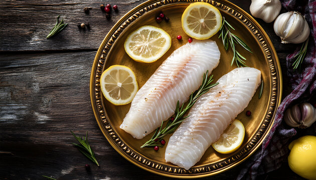 Pollock sea fish fillets, raw whitefish on a plate with herbs and lemon. wooden background. top view
