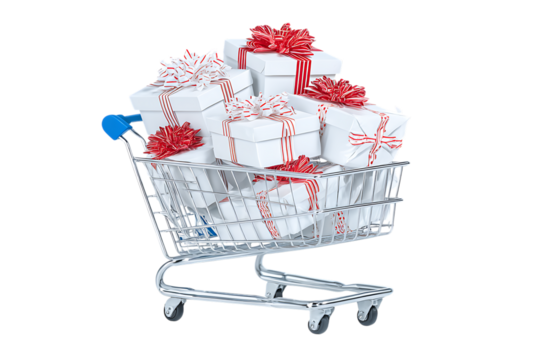 Shopping cart full of gifts. Presents, shopping, retail, sale concept.
