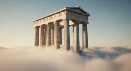 Obraz premium A surreal fantasy image of a classical Greek temple, like the Parthenon, floating majestically on a sea of clouds.