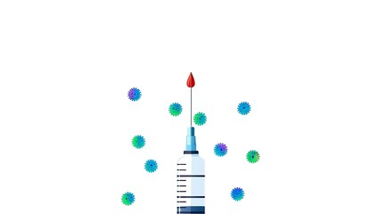 Syringe with a blood drop and virus particles on a white background representing medical intervention