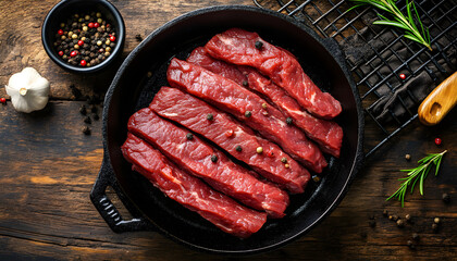 Raw beef meat sliced strips for beef stroganoff in a skillet. wooden background. top view.