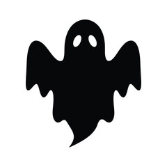 A black silhouette of a friendly ghost with round eyes, isolated on white background, represents a playful halloween spirit