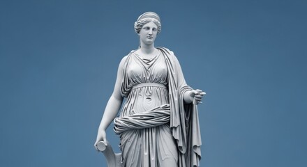 An elegant classical statue of a Greco-Roman goddess in a draped toga, isolated on a simple, clean blue background.