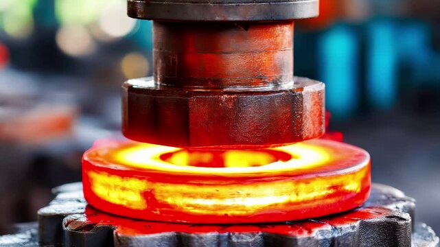 Hot metal forging process with glowing red steel being shaped on anvil. Industrial blacksmith workshop with heated iron manufacturing. Traditional metalworking craftsmanship technique.