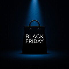 Black Shopping Bag Black Friday White Text Single Spotlight Dark Background Dramatic Focused Presentation Retail Event Bag Handles