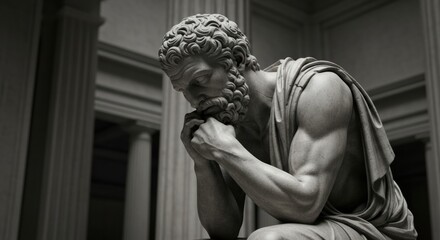 A dramatic black and white photograph of a classical statue of a philosopher in a pensive, thinking pose inside a columned hall.