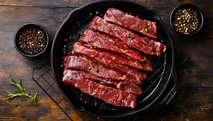 Raw beef meat sliced strips for beef stroganoff in a skillet. wooden background. top view.