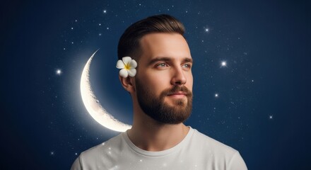 A magical double exposure style portrait of a handsome, bearded man with a flower, blended with a crescent moon and a starry night.
