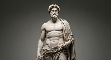A beautiful 3D render of a classical statue of a muscular Greek god like Hercules, isolated on a simple grey studio background.