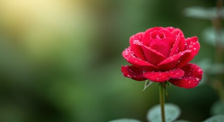 Elegant red rose blooms, adorned with glistening dew drops, set against a soft, verdant backdrop.