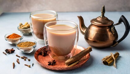 Faceted Glass Glasses on Wooden Table with Traditional Indian Drink Masala Chai