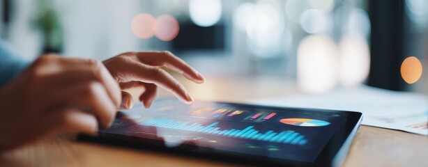The tablet displaying vibrant analytics with an engaged user in a modern workspace.