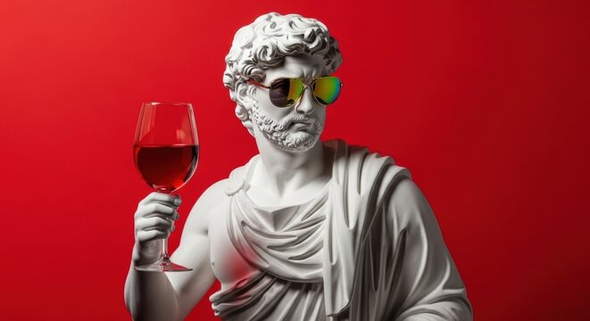 A fun modern concept of a classical Greek statue wearing aviator sunglasses and holding up a glass of red wine, on a red background.
