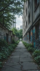 Colorful Graffiti in Abandoned City Alley with Urban Decay