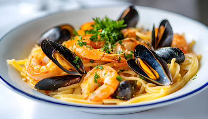 a plate of seafood pasta spaghetti with mussels and shrimp